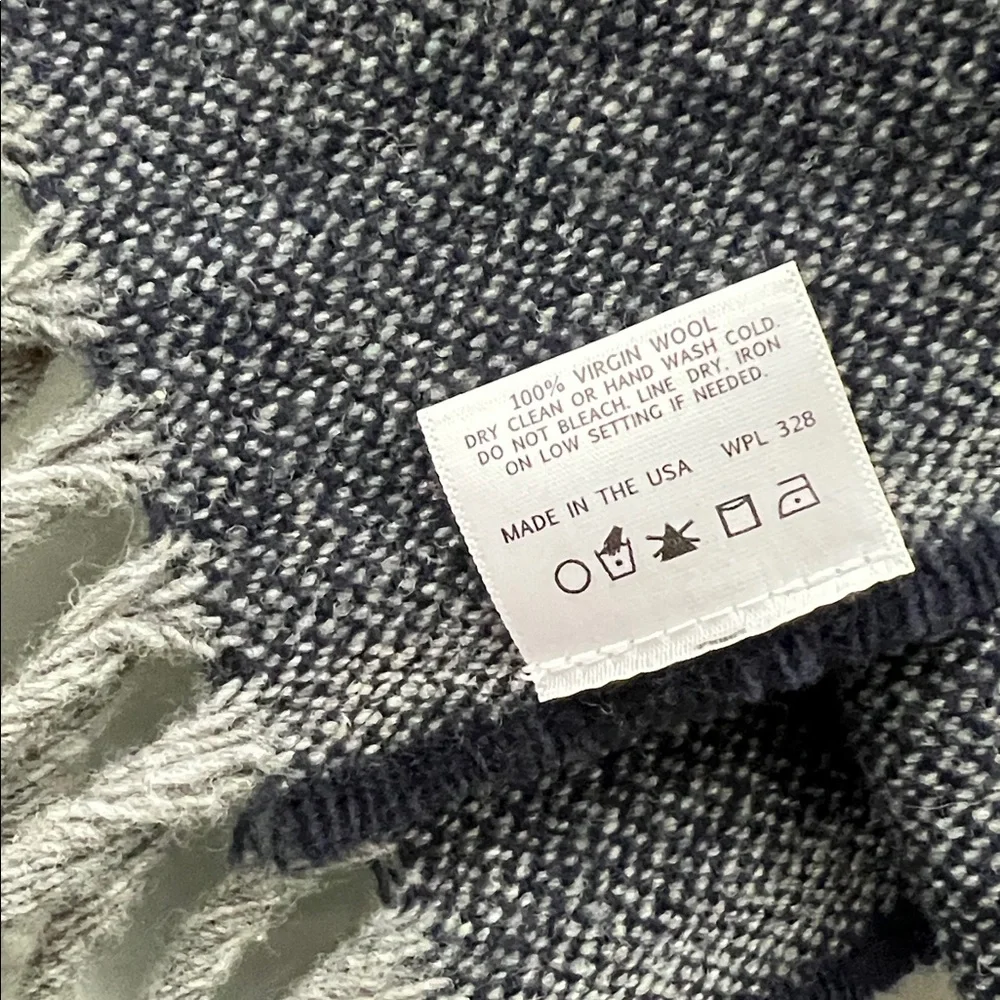 🐑Twill Pattern Navy+Gray Fringed Virgin Wool Scarf | Fairibault Woolen Mill Co.